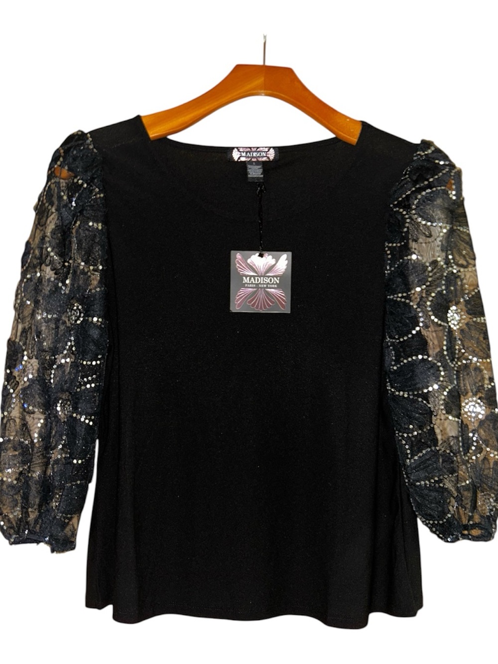 Madison Black Top with Sheer Sparkle Puff Sleeves